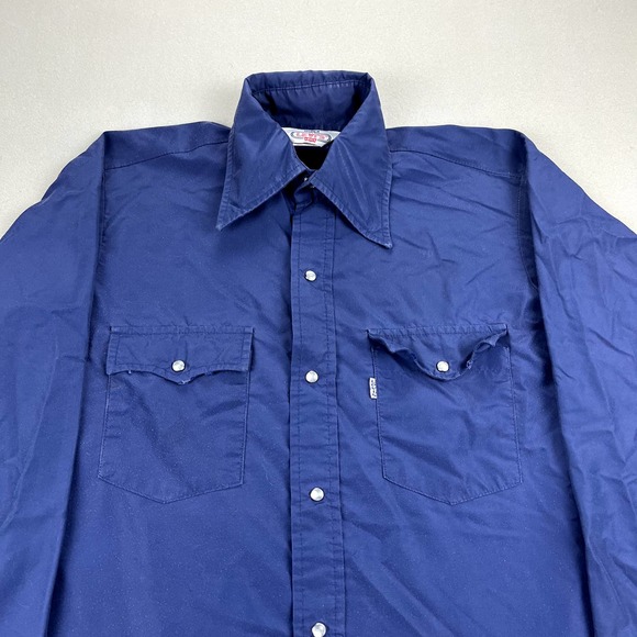Vintage Levis Ski Button Up Shirt Mens Medium Navy Blue Pearl Snap Made USA 80s - Picture 2 of 12